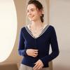 Women's Long Sleeve Color Block Cashmere Knit Cardigan - Thickened Navy Collar, Versatile, Soft, Warm for Autumn/Winter.