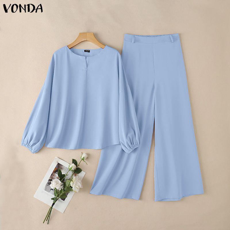 VONDA Elegant Women Outfits Puff Sleeve Blouse and Zip-up Trousers Casual Two Piece  Sets