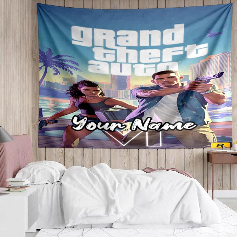 Tapiserie s potiskem GTA 6 na míru, Pozadí, Snadné zavěšení, Ideální do ložnice, kanceláře a obývacího pokoje, s estetickou dekorací na zavěšení na zeď.