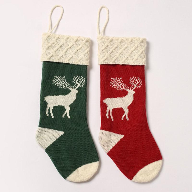 New Elk Christmas Gift Candy Bag Knitted Red Green Woolen Socks Bedhead Children s Christmas Eve Terry Reindeer Hanging Socks 1 pc