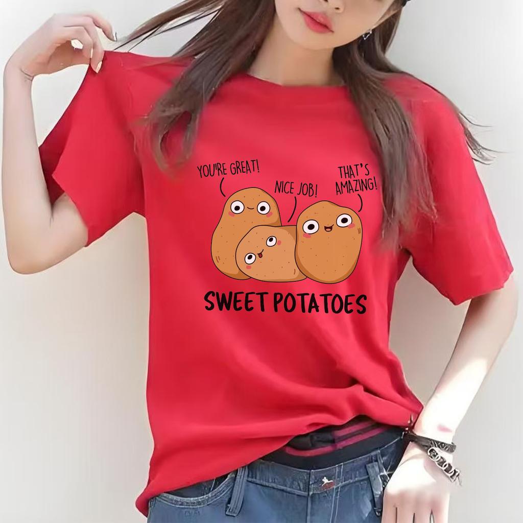 Fun Potato Print Tshirt Casual Short Sleeved Suitable for All Seasons Fashion Versatile Holiday Womens Tshirt
