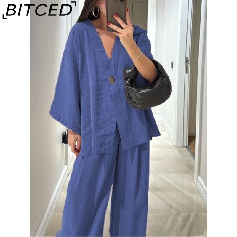 BITCED Women's Fashion Casual Set V-neck Single-Button Loose-Fit Long-Sleeve Top High-Waisted Trousers Two-Piece Set