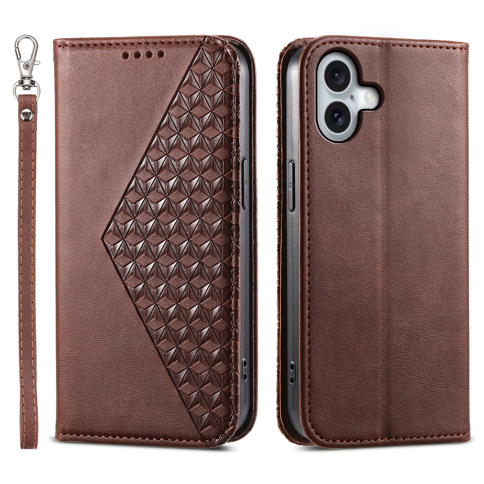 

For iPhone 16 Plus Stand Case Imprinted PU Leather Wallet Phone Cover Brown