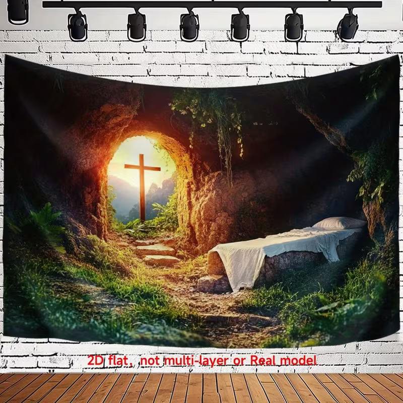 

2D Christian Resurrection Backdrop, Empty Tomb with Cross Photography Background 47.2x31.5inch/120*80cm