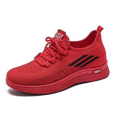 Modische rote Damen Freizeitschuhe für Laufen, weiche Sohle, atmungsaktives Fly-Knit-Netz-Obermaterial, bequem, Mama-Schuhe, Sommersaison, Low-Top