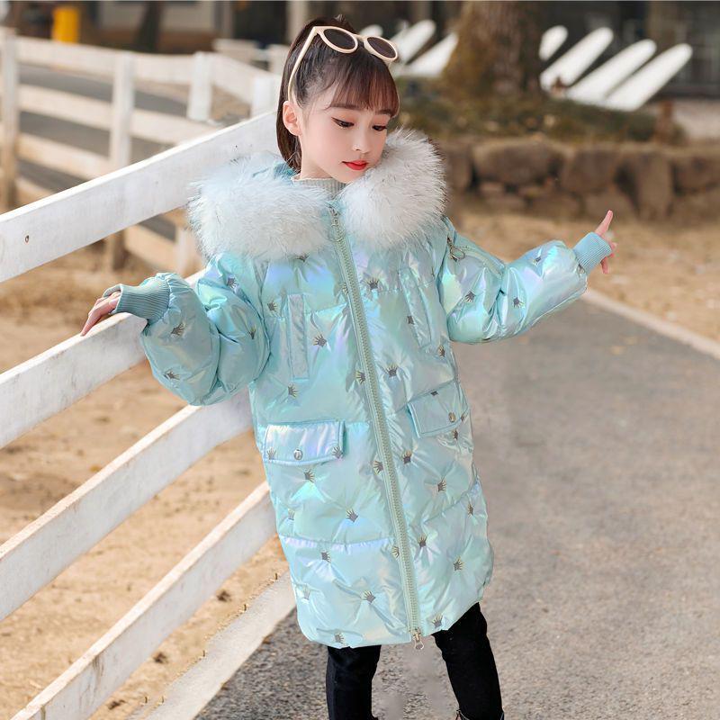 

Дівчача стьобана пухова куртка середньої довжини - Блискуча та вишита, Зимове пальто для дітей, що не потребує особливого догляду 110 світло-синій колір