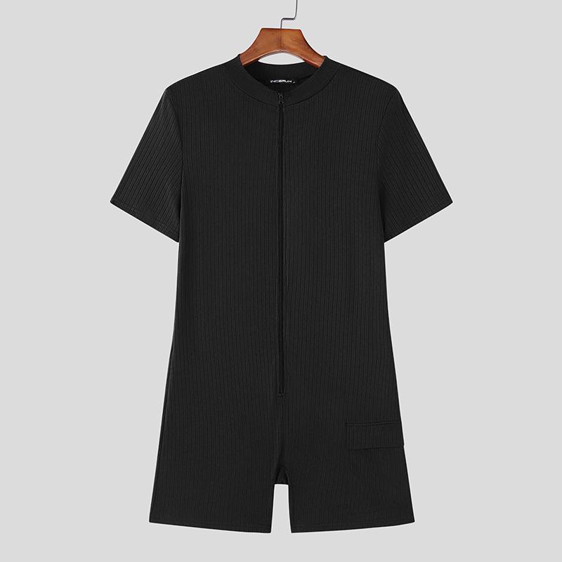 

INCERUN Men Short Sleeve Zip-up Rib Jumpsuits Rompers Underwear чёрный