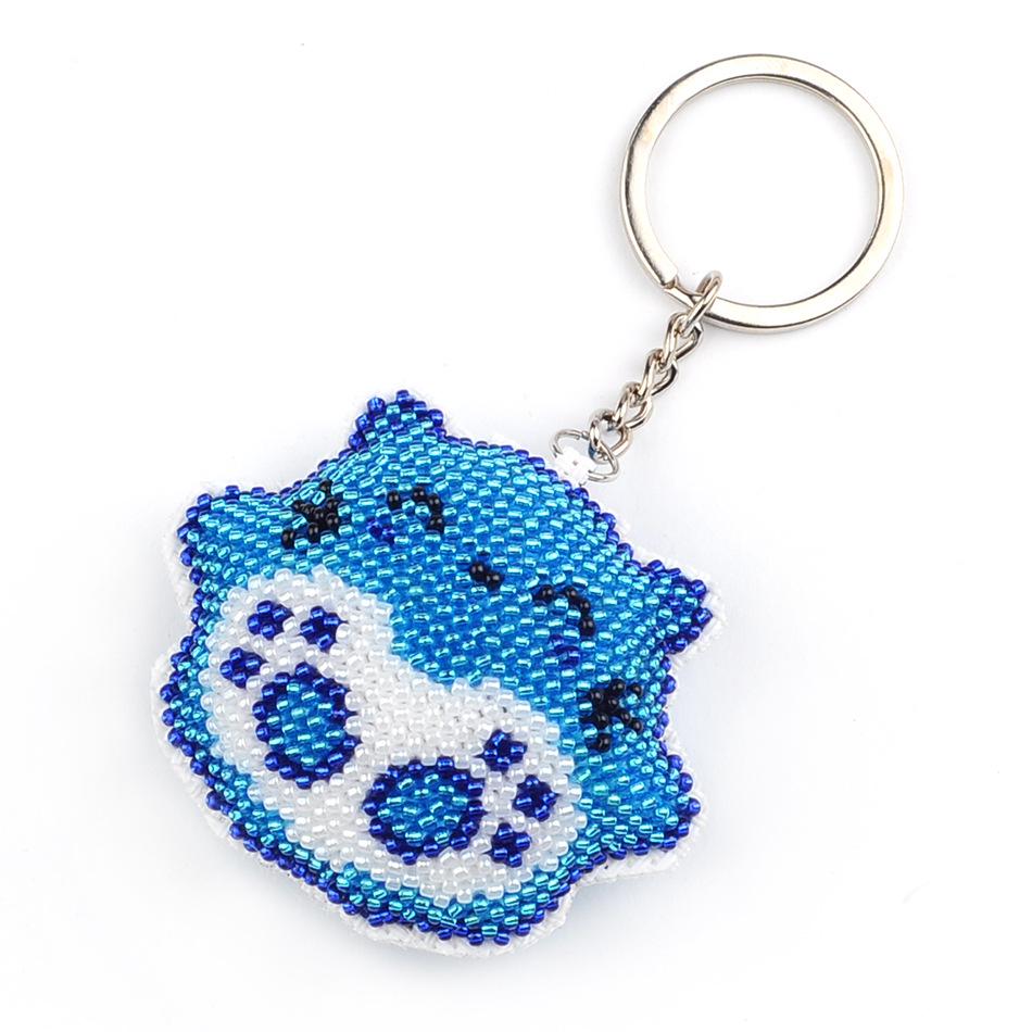 Cartoon Cat Cross-stitch Bead Embroidery Keychain Pendant - Pink & Blue Design