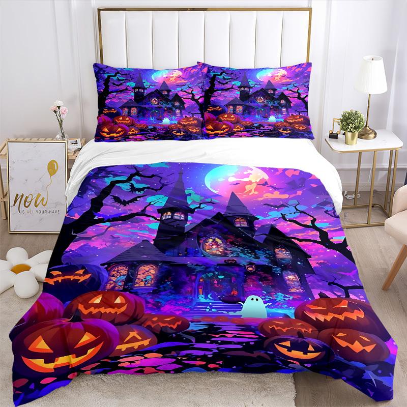3pc Halloween Haunted Cover Set - 1 Quilt Cover + 2 Pillowcases, All Seasons Bedroom Setting, Perfect for Home024