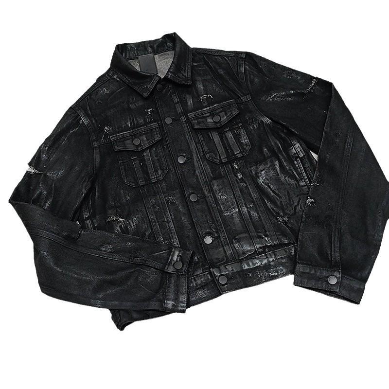 Černá voskovaná roztrhaná džínová bunda ve stylu Hedi Homme