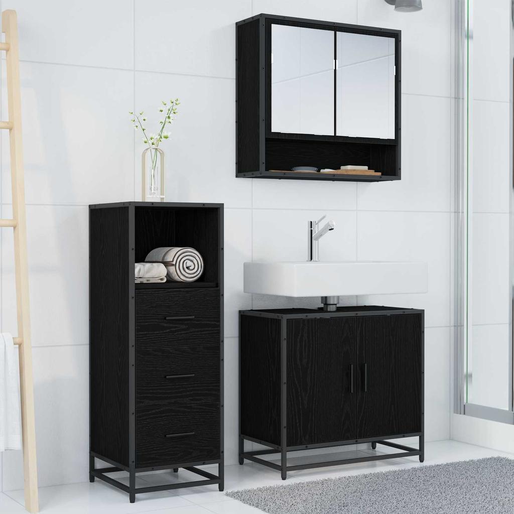 Bathroom Furniture Set 3 Pcs Black Oak Effect Wood Based Material