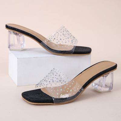 Fashion PVC Transparent Rhinestone Slippers Women Sexy High Heels Square Toe Ladies Shoes Shallow Sandals Slippers Women