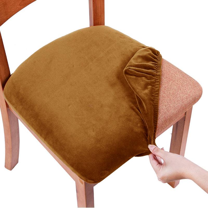 Real Soft Velvet Spandex Dining Room Chair Seat Covers Removable Washable Elastic Upholstered Cushion Slipcover