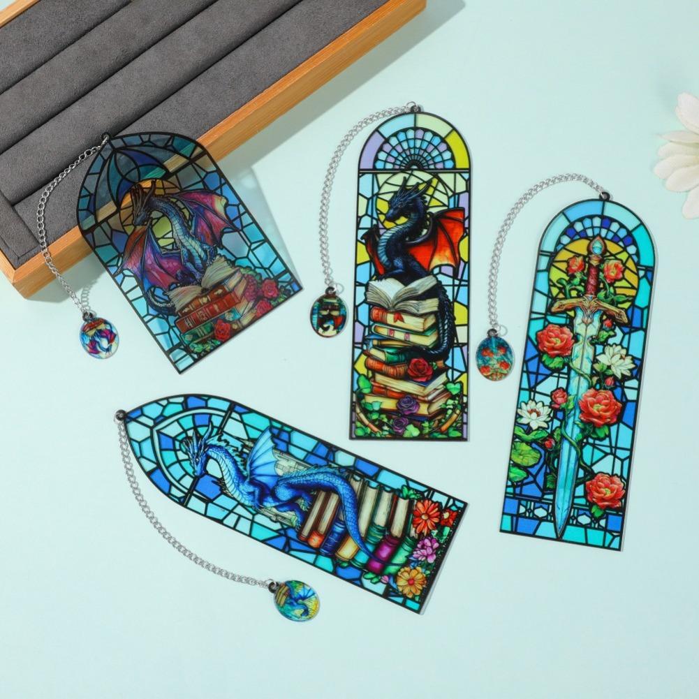 Vintage vitrážový drak Záložka Fantasy psací potřeby Školní potřeby na čtení Milovník knih Dárky pro učitele Knižní doplňky
