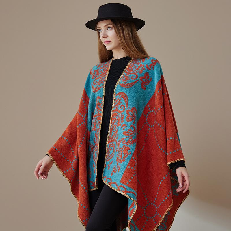 Women's Double-Sided Tassel Shawl Cloak - Classic Slit Design, Warm Travel Cape