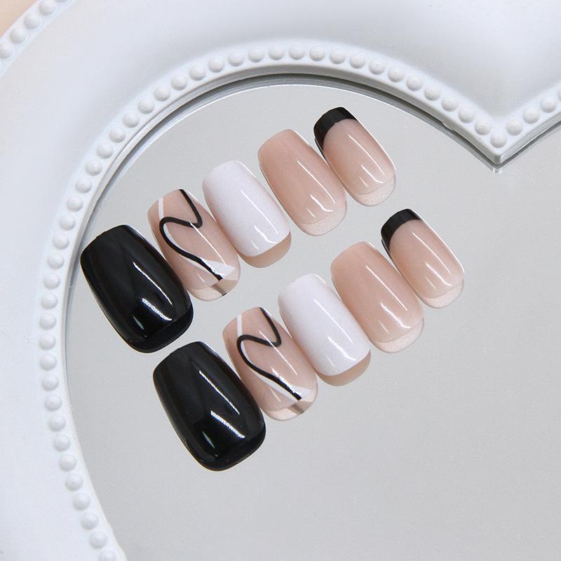 Simple Black and White Irregular Lines French Style Daily Commuting Fake Nails Removable Wearable Nails 24 Pieces