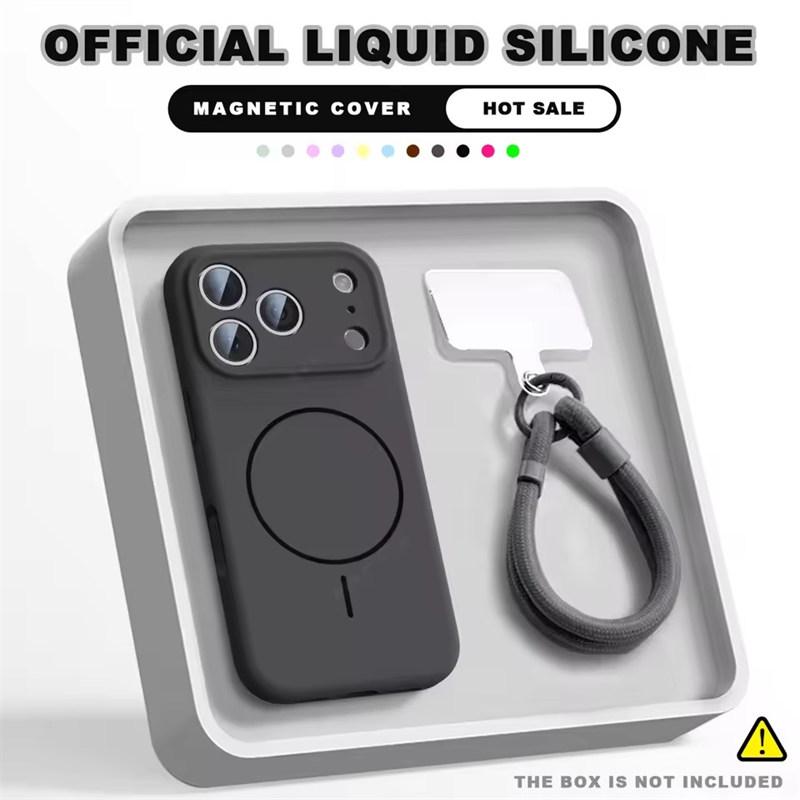 Magnetic Wrist Strap Liquid Silicone Phone Case For iPhone 12 13 16 17 Pro Max Air 15 14 16 Plus 16E Magsafe Lanyard Cover