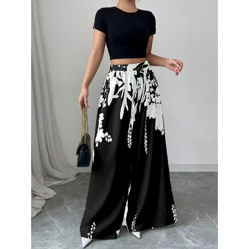 2026 Spring/Summer Women's Fashion Black and White Printed Slimming Casual Wide-Leg Pants