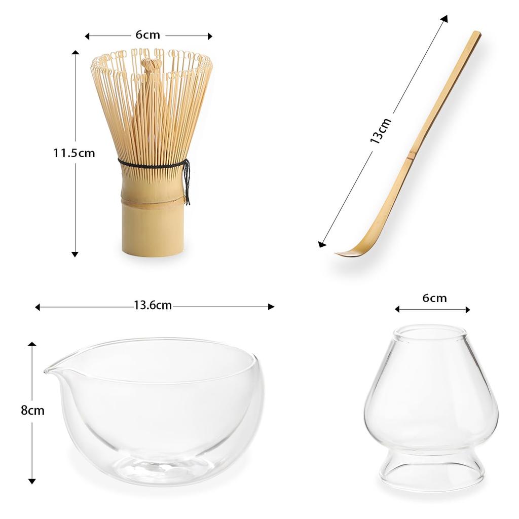 Glass Tea Bowl Matcha Glass Matcha Ceremony Tea Chawan Chasen and 500ml Tea Scoop Set, Double-Walled Bowl, Double-Layered Bowl, Utensils, Bowl, (Tea