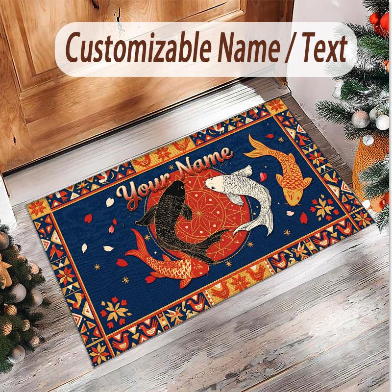 Koi Fish Theme Soft Crystal Velvet Rug Custom Name & Text Print Non Slip Floor Rug for Bedroom Living Room