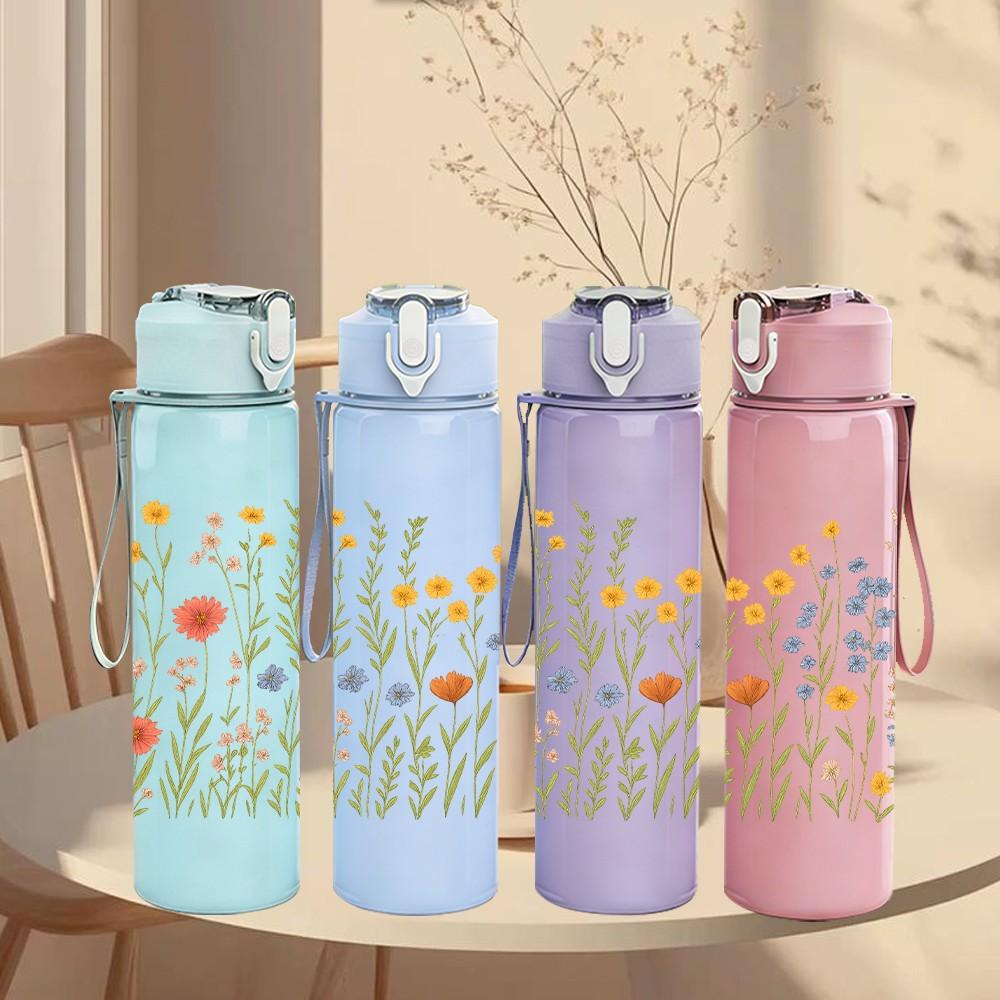 1PC Wild Daisy Meadow Floral Print 750ml Color Plastic Sports Water Bottle Leakproof Flip Straw Lid Suitable for Sports Office Home Use