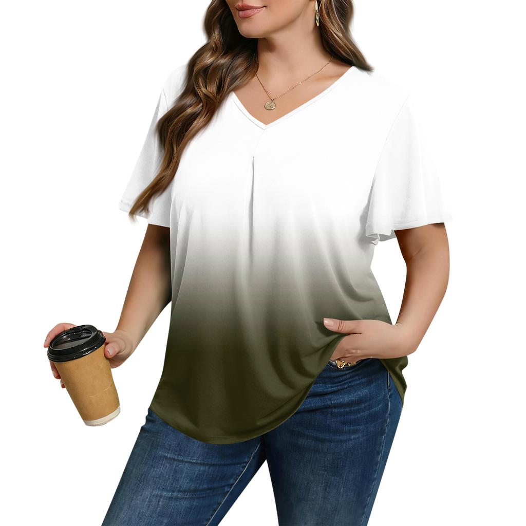 Damska Modna Codzienna Luźna Bluzka Plus Size z Krótkim Rękawem Elegancka z Dekoltem V Do Pracy