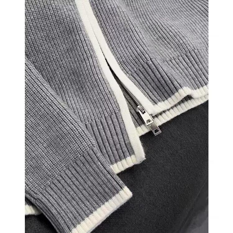 Men's Trendy 2025 Autumn/Winter Stand Collar Color Block Stripe Knit Zipper Cardigan Sweater Jacket