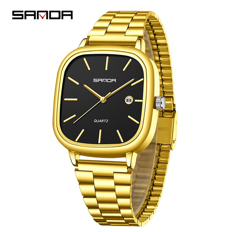 Retro Light Luxury Gold Square Watch with Large Dial and Calendar - High-Value Steel Band for Couples