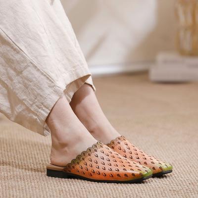 Vintage Hand Colored Low Heeled Slippers Genuine Leather Square Toe Soft Soled Women's Outdoor Slides