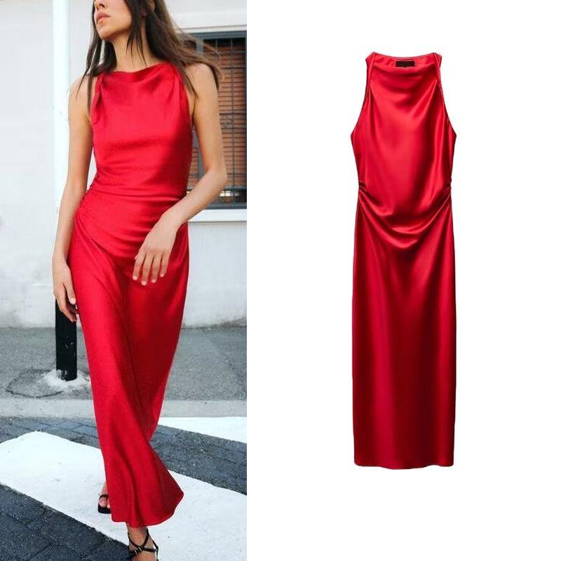 Spring Red New Style Evening Dress Vest Long Dress French Silk Satin Texture Midi Skirt Dress 8372090