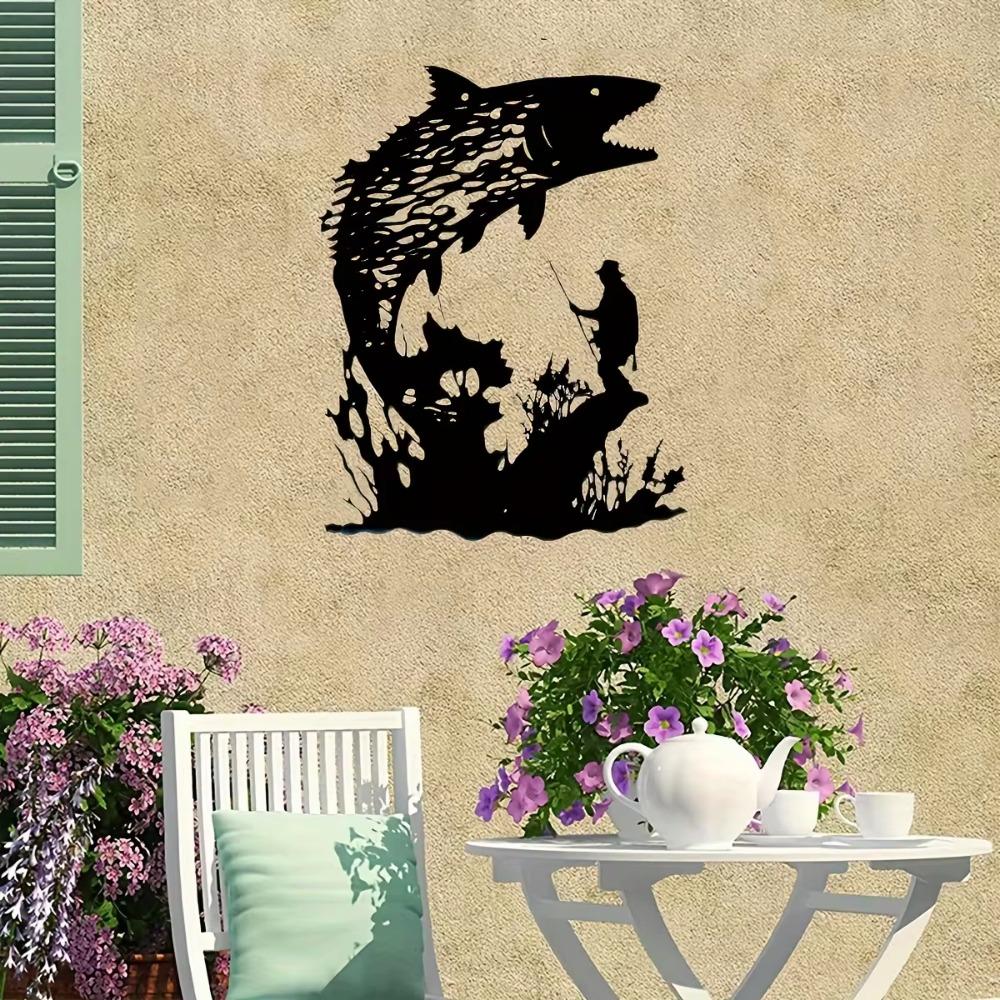 1 ks Rybář a ryba Dutý vzor Samolepky na zeď Estetická nepravidelná grafika Kovové řemesla pro stylovou interiérovou dekoraci