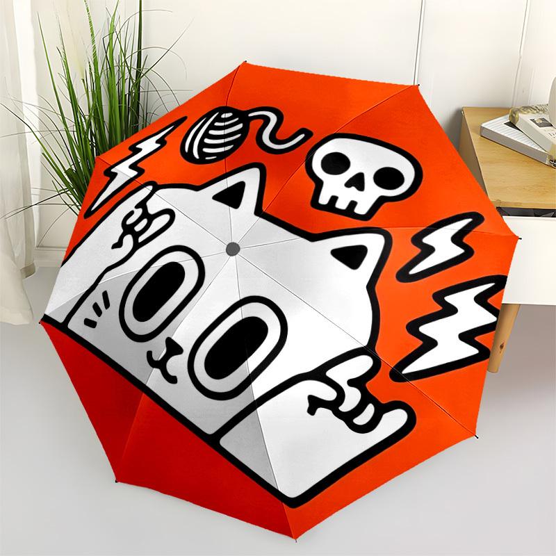 1pc Cat Skull Adventure Auto Open/close, 8-Rib Iron Frame, Compact Folding Cute Umbrella All-Season Portable Umbrella for Travel 041