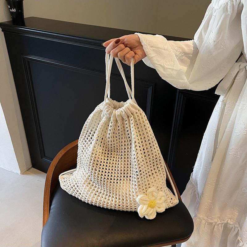 Yogodlns Fashion Solid Color Floral Decor Crochet Shoulder Bag Woven Women Beach Holiday Bucket Hollow Out Large Capacity  Backpack