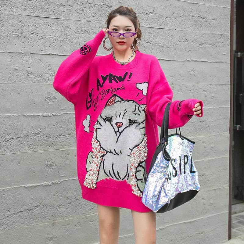 European Station Autumn/winter Sweater Casual Crew Neck Cartoon Cat Loose Knitwear Girl Design Lazy Top Trendy Brand