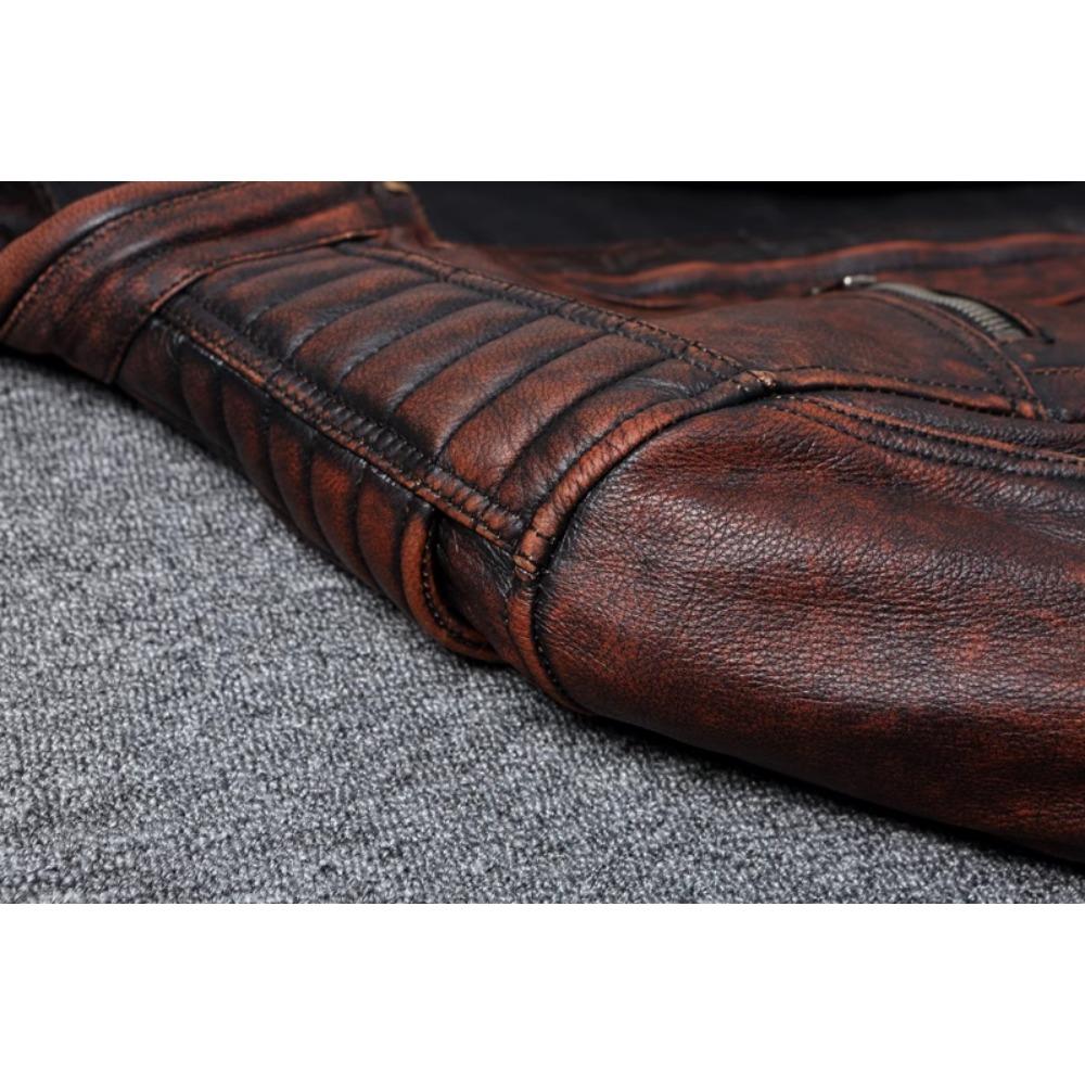 Chinese Size Vitnage Red Brown Men Leather Jacket Cowhide Leather Motorcycle Style Genuine Cow Jackets for Men Autumn