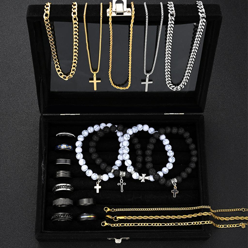 21 Pcs Cross Jewelry Set For Men Stainless Steel Volcanic Stone Beaded Bracelets Cuban Link Chain Necklaces Rings Multipack Gift