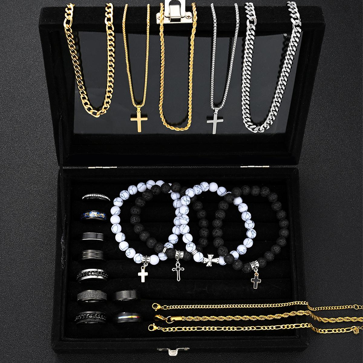 

21 Pcs Cross Jewelry Set For Men Stainless Steel Volcanic Stone Beaded Bracelets Cuban Link Chain Necklaces Rings Multipack Gift