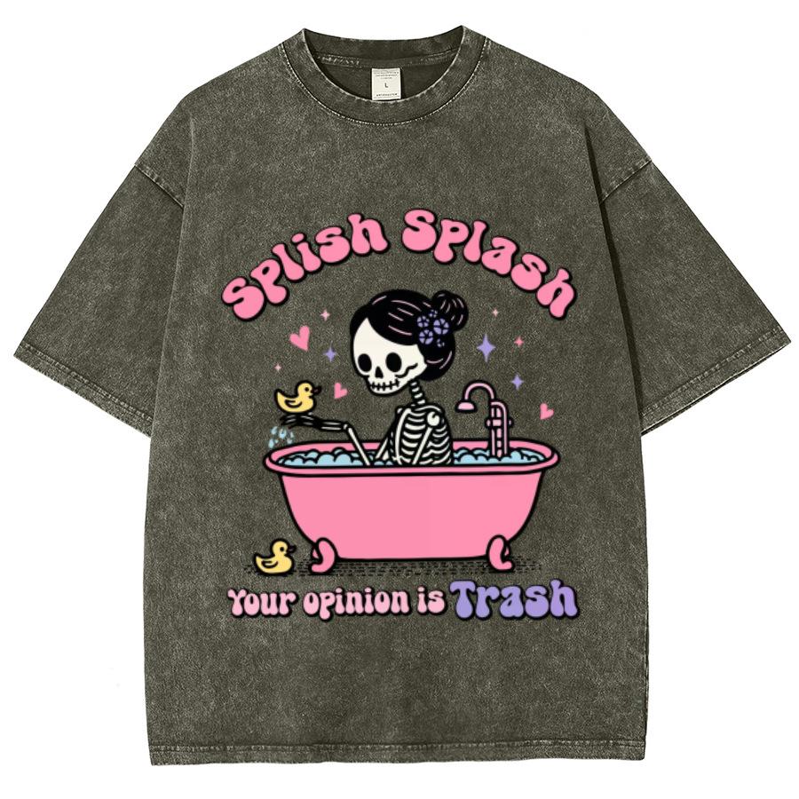 Skull Bubble Bath Print Summer Women S T-Shirt Washed O S серый