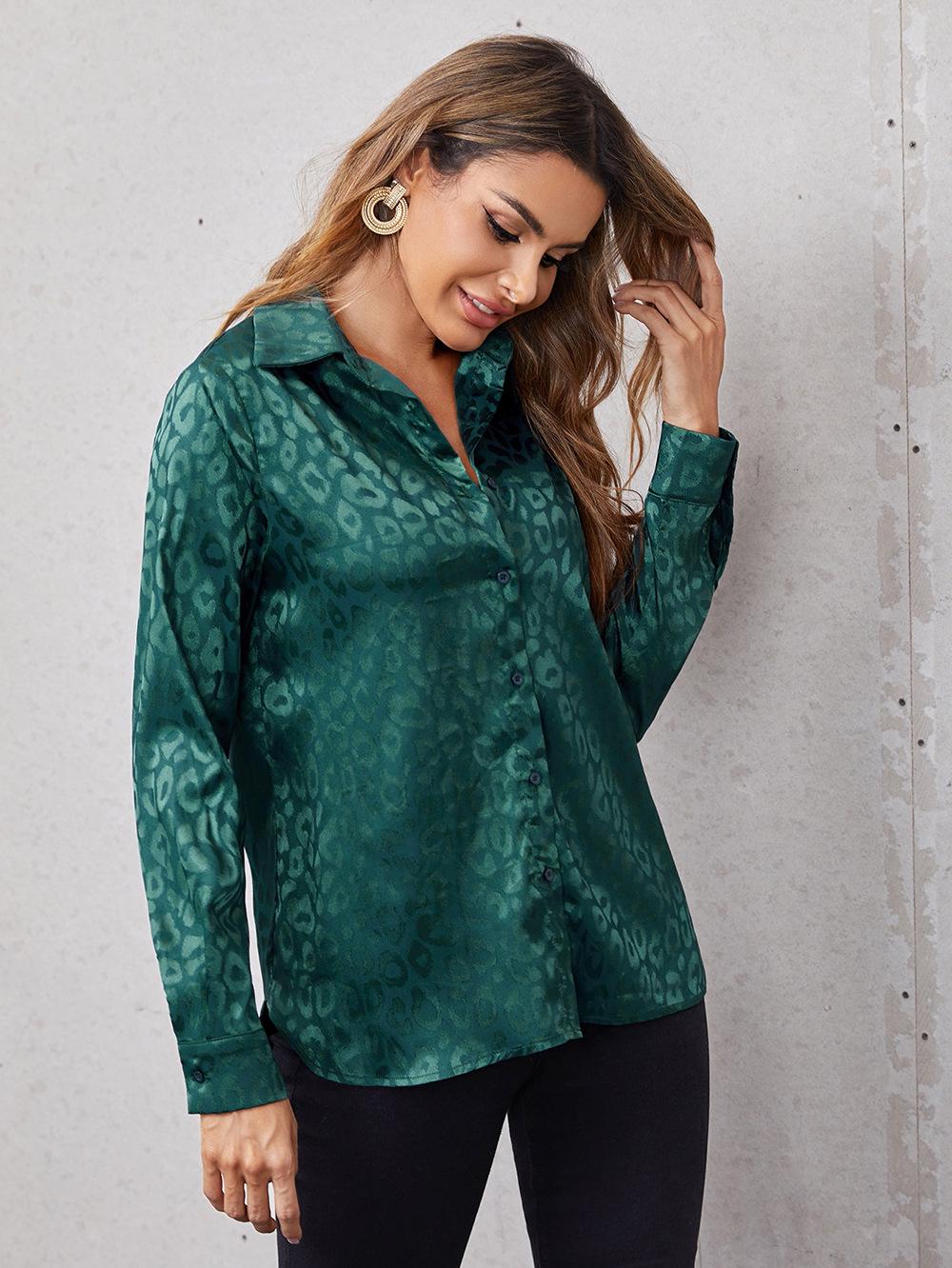 

New Leopard Print Jacquard Lapel Shirt: Spring/Summer Long-Sleeve for Women M темно-зеленого