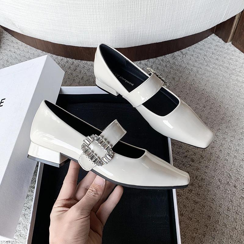 Fashion Clearing Warehouse Mary Janes Shoes for Women Leather Shoes Low Heels Black Leather Rhinestone Buckle Soft Comfortable Pumps