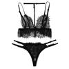 Women V-Neck Floral Lace  Bra Open Crotch Thong Black Lingerie Set S-2XL