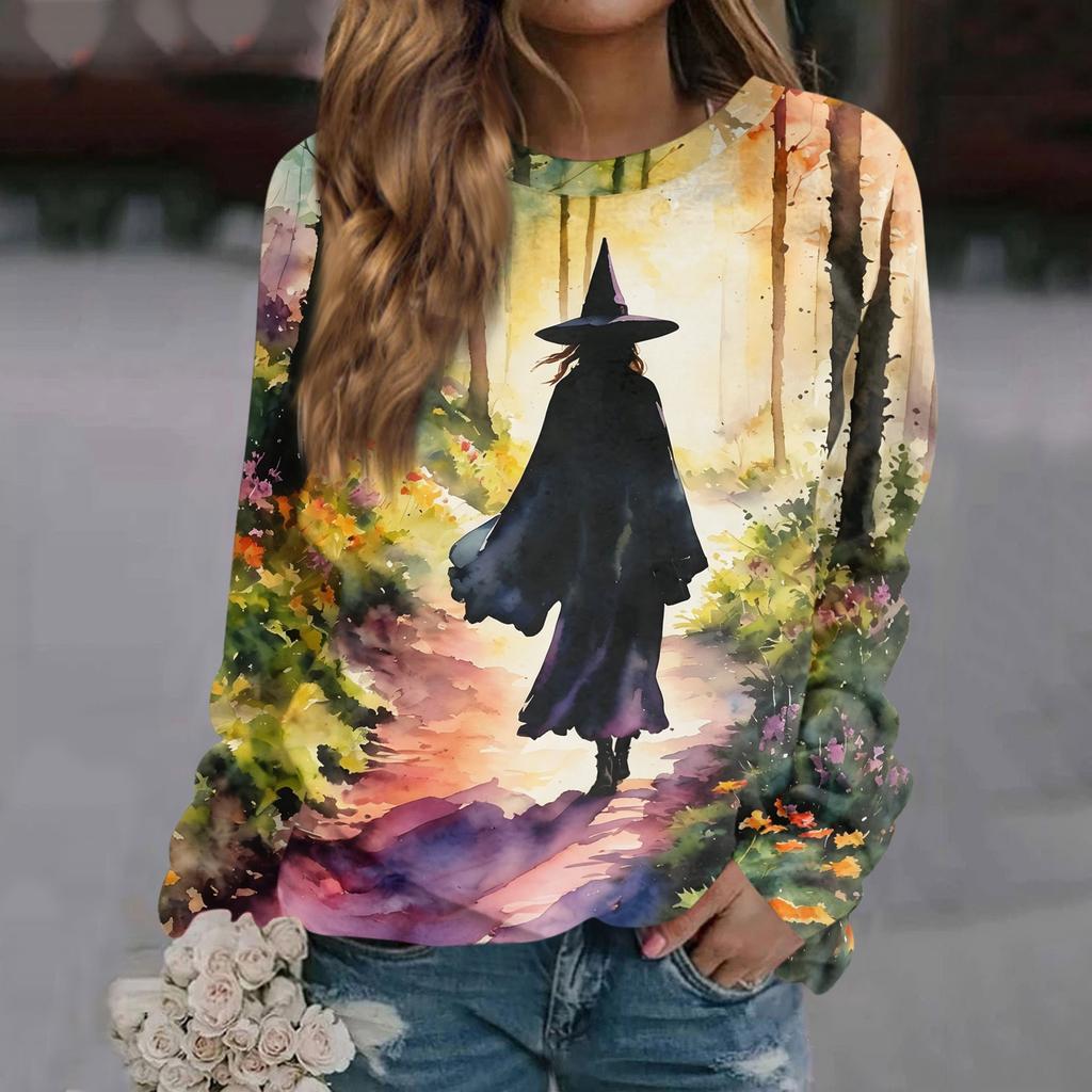 Women's Casual Long Sleeve Printed Raglan Sleeve Pullover Top for Halloween