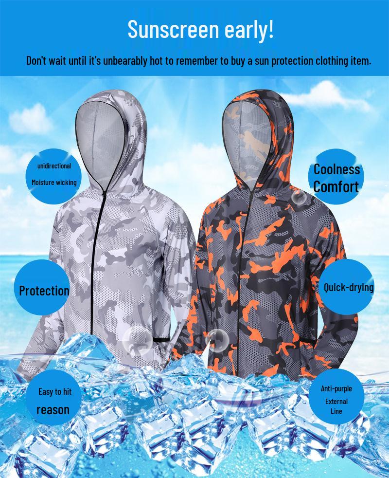 Camouflage Quick-Dry Breathable Hooded Long Sleeve Fishing Apparel with Sun Protection