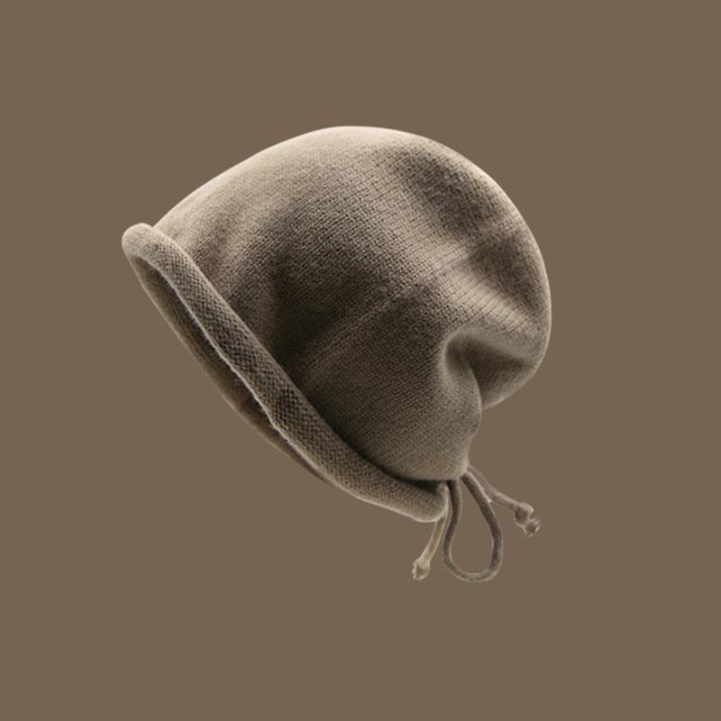 Autumn And Winter Pile Hat With Curled Brim And All-Match Warm Cold Hat With Large Head Knitted Drawstring Hat For Women