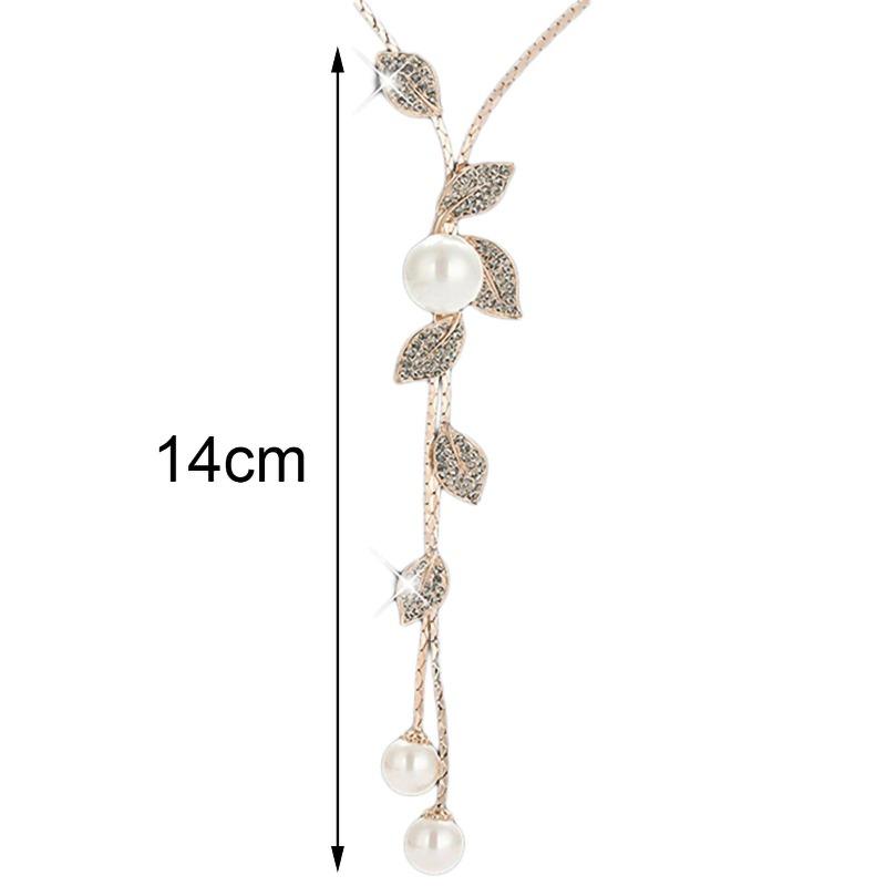 Ladies Fashion Faux Pearl Tassel Leaves Pendant Long Chain Sweater Necklace