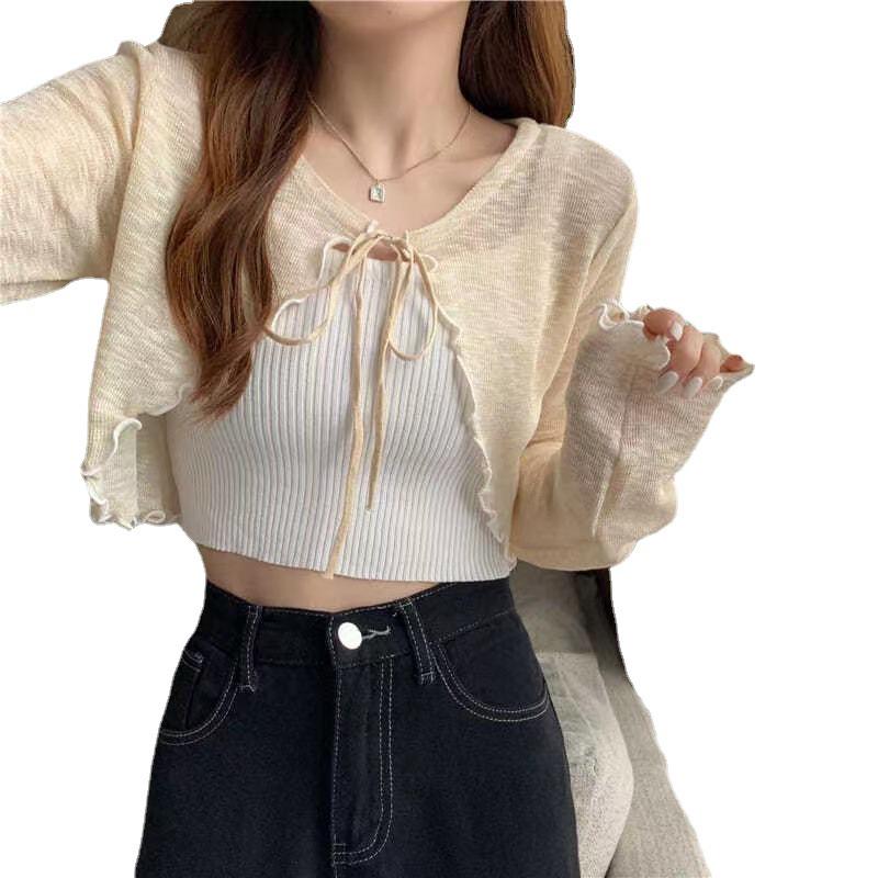 Dámský letní kardigan v korejském stylu - Ochrana před sluncem, Tenká pletenina, Dlouhý rukáv, Stahovací šňůrka, Krátká šála.