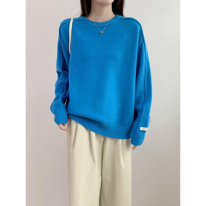 Retro round neck solid color versatile pullover sweater women's autumn and winter new loose and thin knitted sweater top