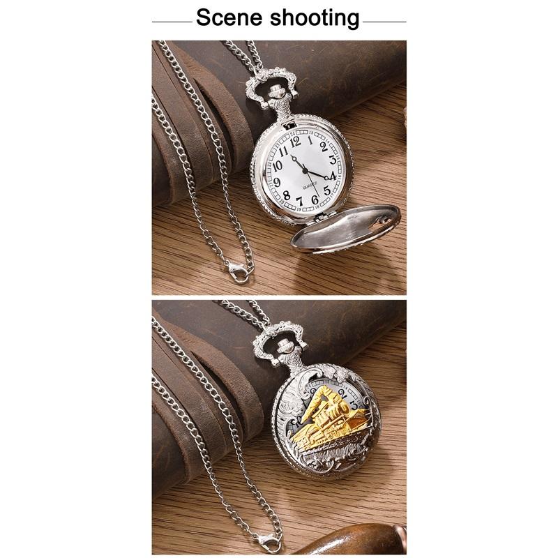 Antik ånglok Design Fickur med Kedja Halsband Vintage Kvarts Hänge Klocka Kedja Herrar Damer