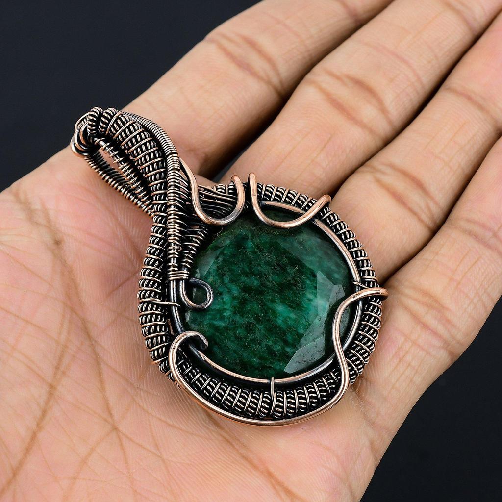 Emerald Pendant, 999 Copper Wire Wrapped Pendant Gemstone Jewelry, Handmade Pendant Amazing Jewelry, Gift For Her