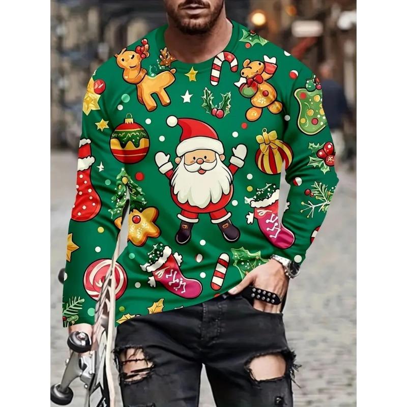 Men's T-Shirt Santa Claus 3D Print Christmas Men's Long Sleeve T-Shirts Casual Pullover Top Holiday Comfortable Men's Clothing